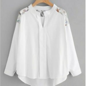 White Lace Panel Shoulder Dip Hem Blouse